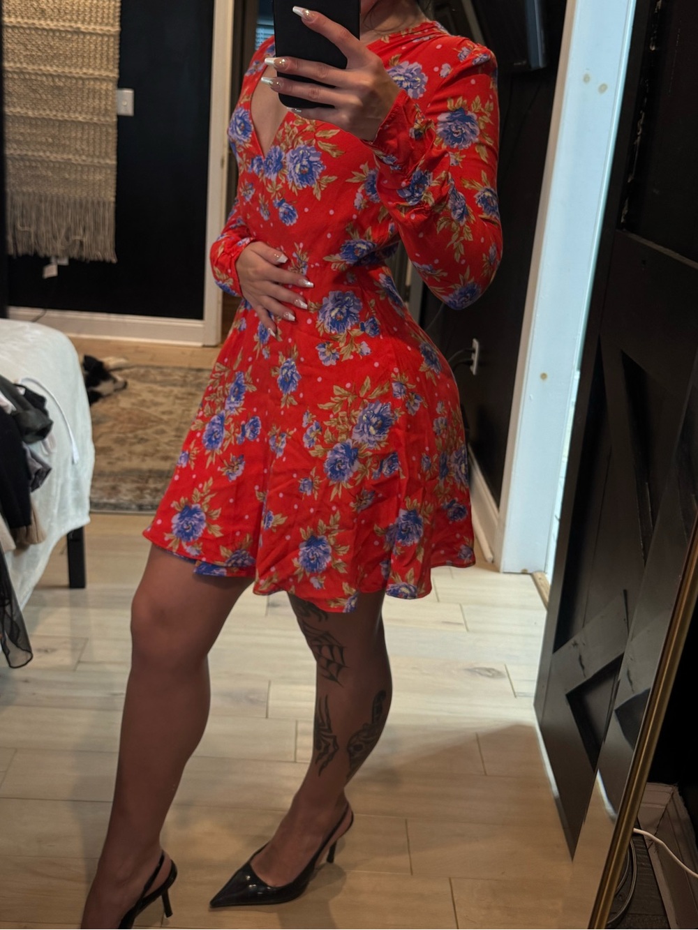 Zara Red Floral Long Sleeve Dress